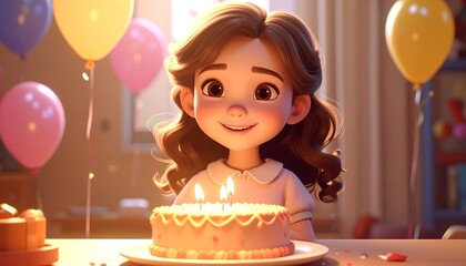 Girl smiles at birthday cake.