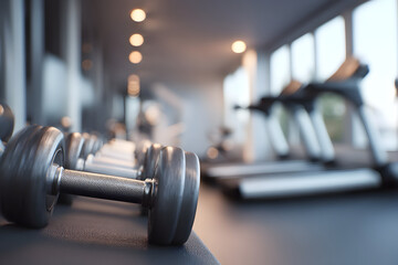 A soft-focus gym scene showcasing out-of-focus dumbbells in the foreground and a treadmill subtly blurred in the background