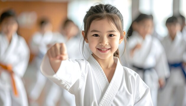 Girl practicing karate with happy.