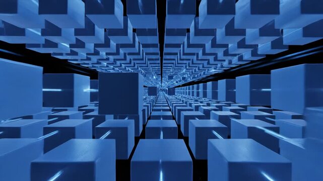 Seamless loop of a vibrant blue geometric cube grid flowing and pulsing rhythmically through a dark three-dimensional space rhythm, architecture, flowing