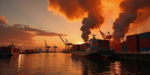 Fire at the port. Explosion and fire in containers on a cargo ship and at the logistics port.