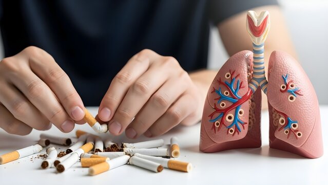 Person breaking cigarettes next to a lung model symbolizing a commitment to quit smoking and improve respiratory health.
