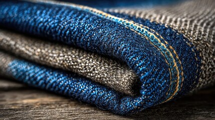 Close up view of distressed denim fabric concept. A close-up of a folded fabric showcasing texture and color details.