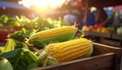 Fresh corn cobs at farmers market.