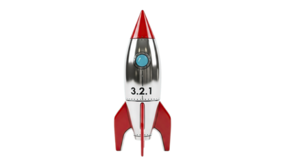 Retro silver red rocket toy business startup innovation launch countdown 3.2.1 isolated on transparent background