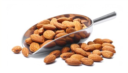 Close-up of roasted almonds spilling from a shiny metal scoop, isolated on a white backdrop