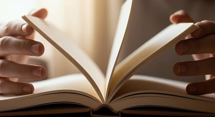 Hands turning pages of an open book indoors close up