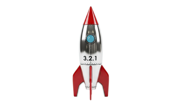 Retro silver red rocket toy business startup innovation launch countdown 3.2.1 isolated on transparent background - Powered by Adobe
