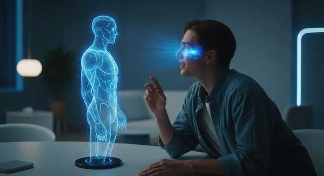 Young man interacts with a glowing blue holographic projection of the human anatomy