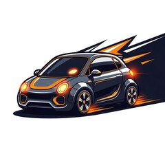 Fototapeta premium Black Compact Car Moving Fast with Orange Lightning Strikes and Trail in Dark Background