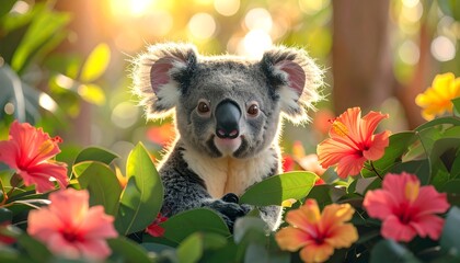 Koala bear with flowers with bright background.