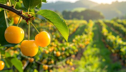 Golden cherries on branch in orchard.