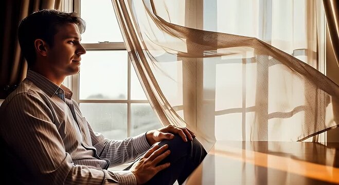 Man contemplates by window light and flowing curtains