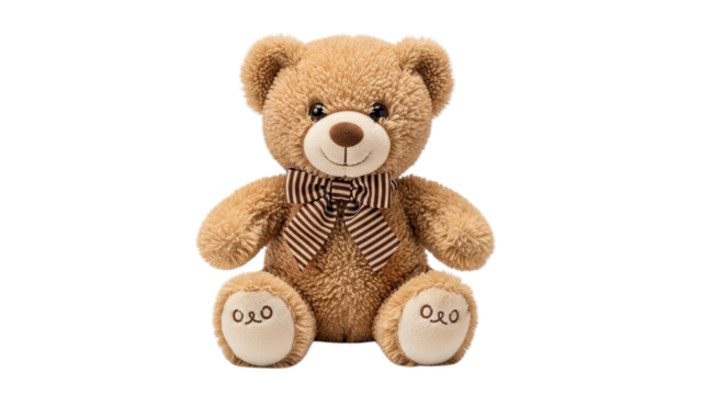Fluffy brown teddy bear with striped bow tie sitting upright a comforting toy isolated on transparent background