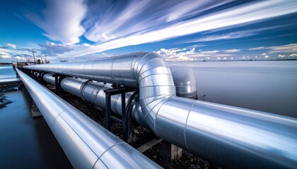 Long exposure shot of shiny metal pipes running above water under a streaked, vibrant blue sky