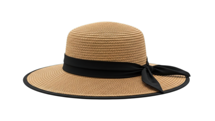 Woven straw hat with black ribbon an elegant summer beach vacation accessory isolated on transparent background