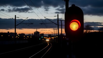 Red Signal Light Illuminates Dark Train Tracks at Dusk with Distant Cityscape.