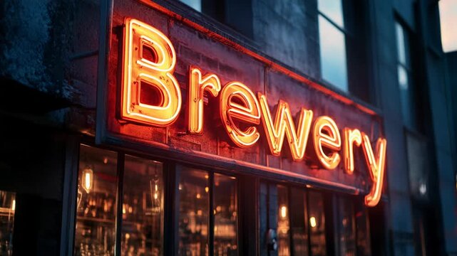 Vibrant Neon Brewery Sign Illuminates Urban Nightscape, Craft Beer Culture Ambiance Capture