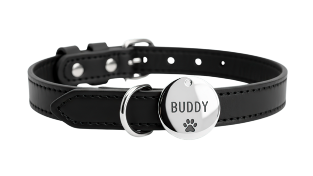 Stylish black leather dog collar with shiny silver identification tag and paw print isolated on transparent background