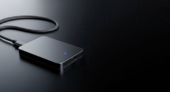 Sleek portable external storage device illuminated with a small blue indicator light rests on a dark reflective surface.