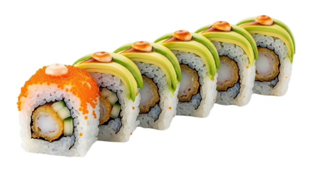 Appetizing Japanese sushi rolls featuring crispy tempura shrimp and creamy avocado isolated on transparent background - Powered by Adobe