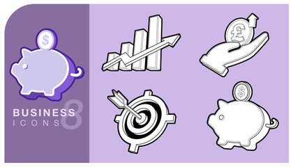Set of business icons representing financial planning, investment and goal setting. piggy bank for saving, bar chart for growth, hand holding pound sterling and target with an arrow for business.