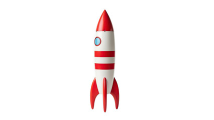 Whimsical red and white 3D rocket flying upwards symbolizing business startup launch innovation isolated on transparent background