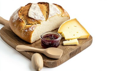 Rustic bread is sliced, served with cheese and red fruit jam on a wooden board, accompanied by a small wooden spoon, inviting a moment of culinary pleasure.