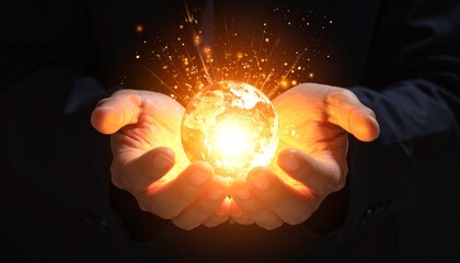 Hands Holding Glowing Earth Globe.