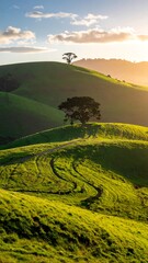Lush green hills with winding paths and solitary trees under a warm sunset