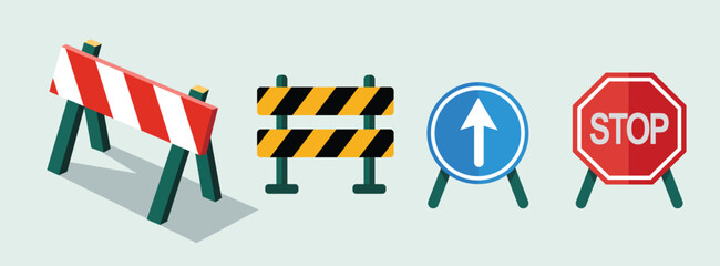 Road safety and construction site traffic control signs and barriers including red and white, yellow and black striped barriers, blue arrow and red stop sign.