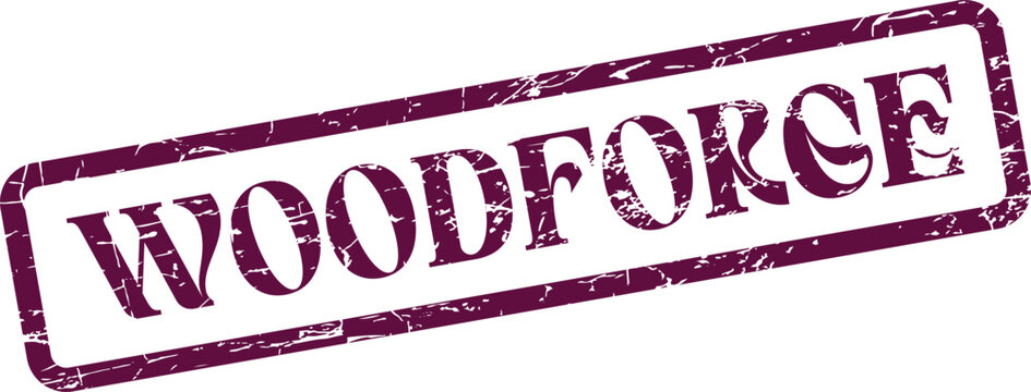 Distressed purple rubber stamp impression featuring the word WOODFORCE for branding and official use