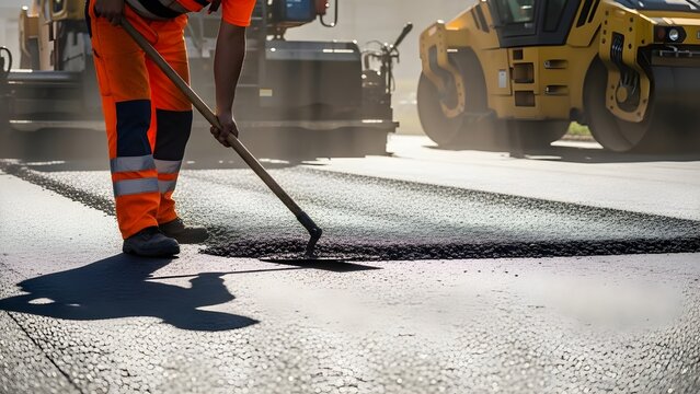 Road construction worker spreading fresh asphalt with a rake on a sunny day.