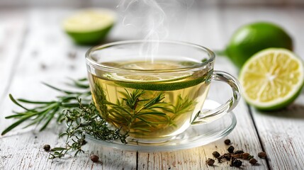 Refreshing Herbal Tea with Lime and Rosemary on Wooden Table.