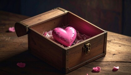 Heart in wooden box with Valentines concept.