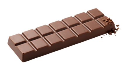 Delicious milk chocolate bar with visible squares and crumbs a sweet treat isolated on transparent background
