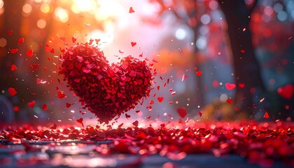 Heart made of red leaves with fall background.