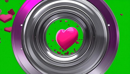 Heart inside metal ring with green background.