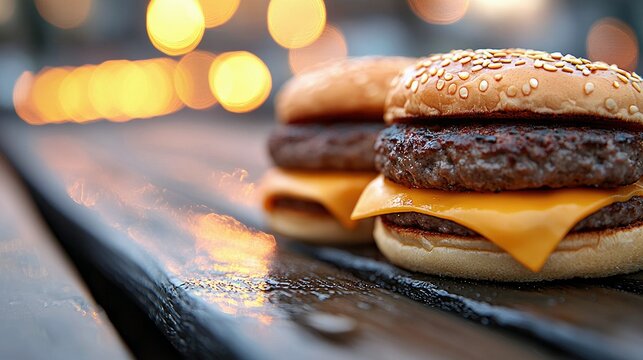 Two cheeseburgers with melted cheese on a wooden table, with bokeh lights in the background.