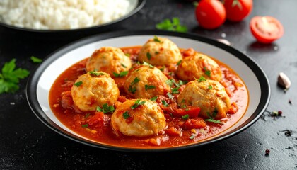 Meatballs in tomato sauce with rice.
