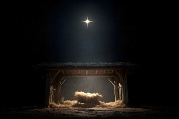 An empty manger in Bethlehem beneath a bright shining star, all against an isolated dark background