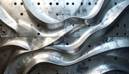 Metallic, textured abstract art, featuring flowing waves and geometric drilled panels