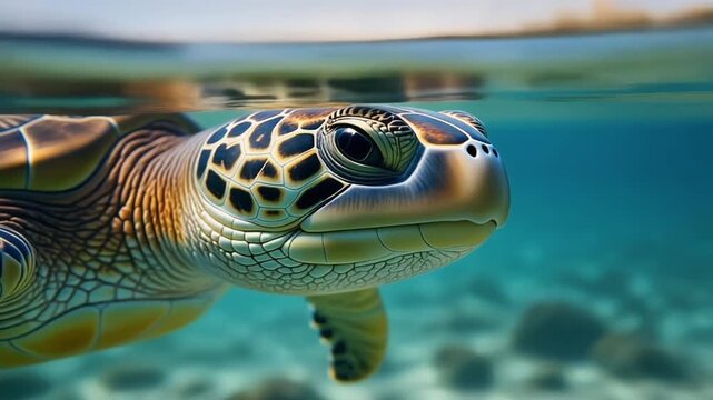 A vivid underwater close-up of a sea turtle swimming gracefully, showcasing detailed textures of its shell and face.