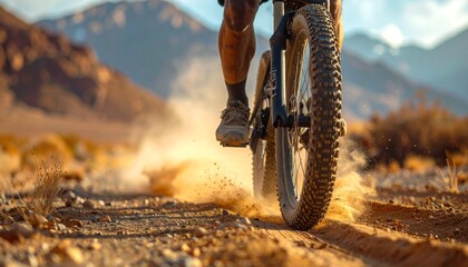 Mountain biker riding on dirt trail.