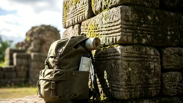 Vintage Backpack Resting Against Weathered Stone Wall in Ancient Ruins, adventure awaits