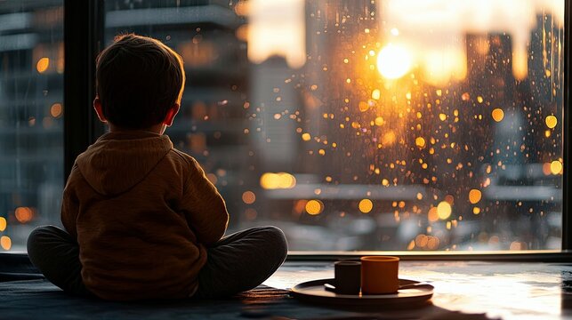 A young child sits in a meditative pose, looking out a window at a city skyline during a beautiful sunset. The warm light creates a peaceful and contemplative m - Powered by Adobe