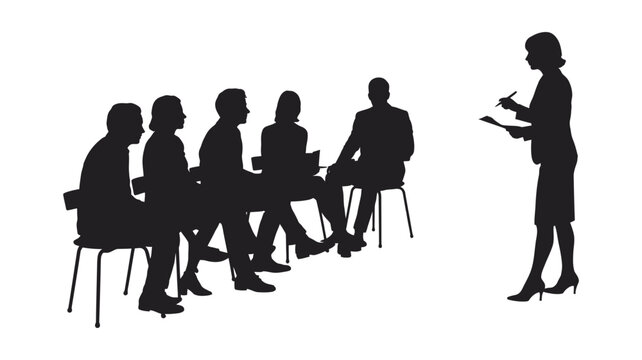Silhouette of a female instructor presenting to a group of seated attendees in a professional meeting or classroom setting.