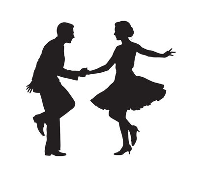 Silhouette of a couple dancing the jitterbug, a lively swing dance, with energetic poses and classic attire, isolated on white.