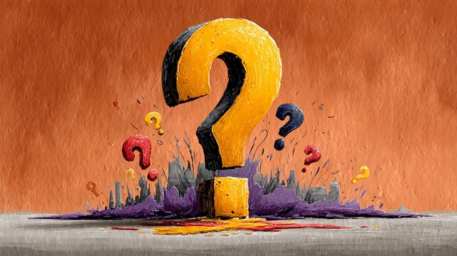 Bold question marks erupting from abstract terrain, symbolizing inquiry, challenge, and the pursuit of answers in vibrant artistic style.