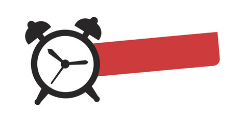 Retro alarm clock with a red ribbon banner element for text, isolated on white background, symbolizing time and deadlines.